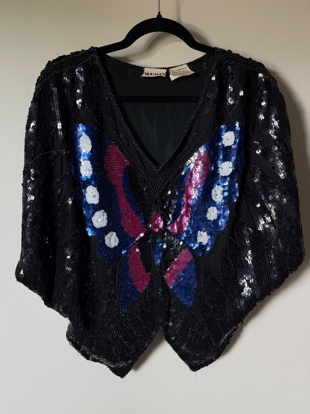 80s sequin butterfly poncho slouchy shirt 100% silk festival 90s bold size L